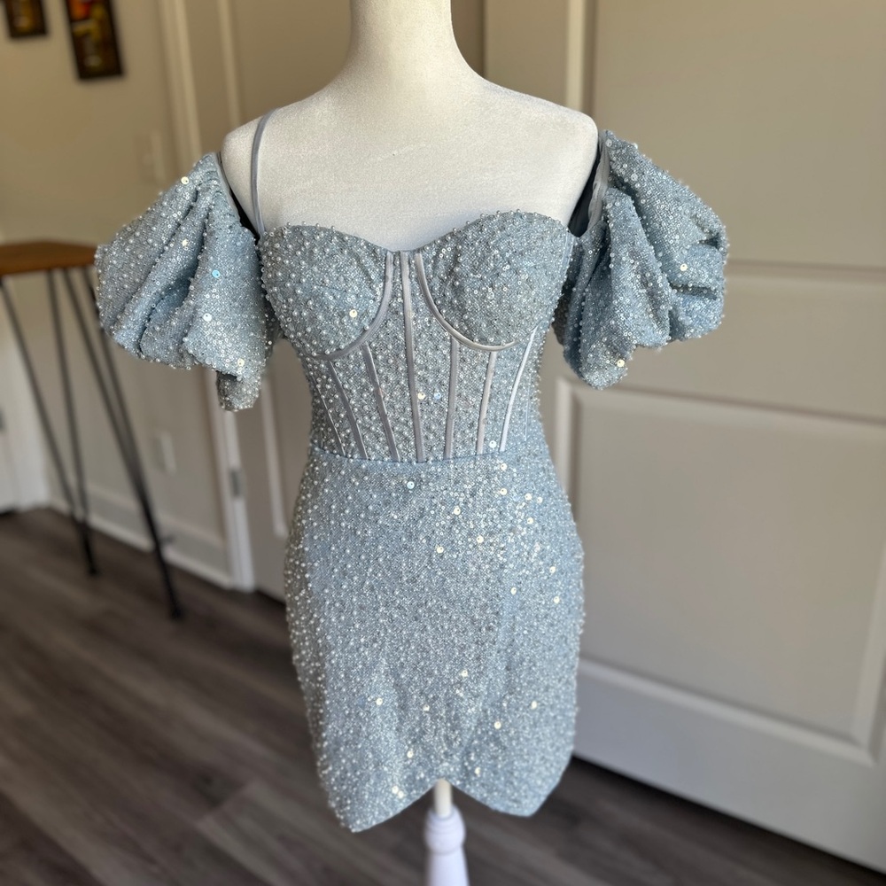 Portia & Scarlett Sweetheart Beaded Short Dress; Light Blue
